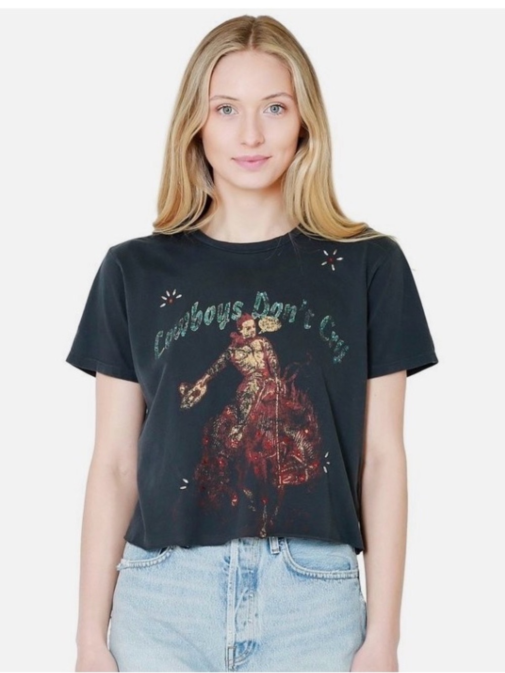 MOTHER - NWOT Cowboys Don't Cry Black Graphic Crop Tee